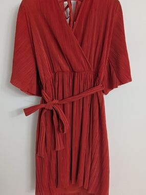Pleated Wrap Midi Dress in Rust Red with Tie Waist